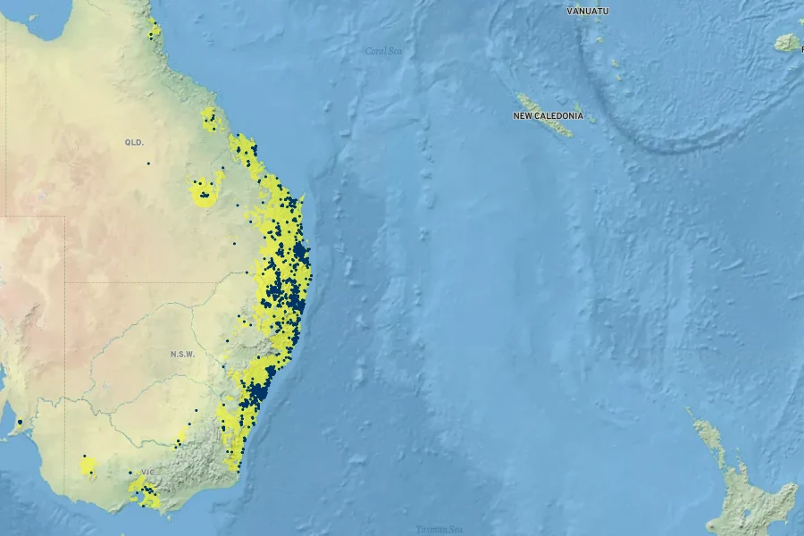 Acacia fimbriata Native Range