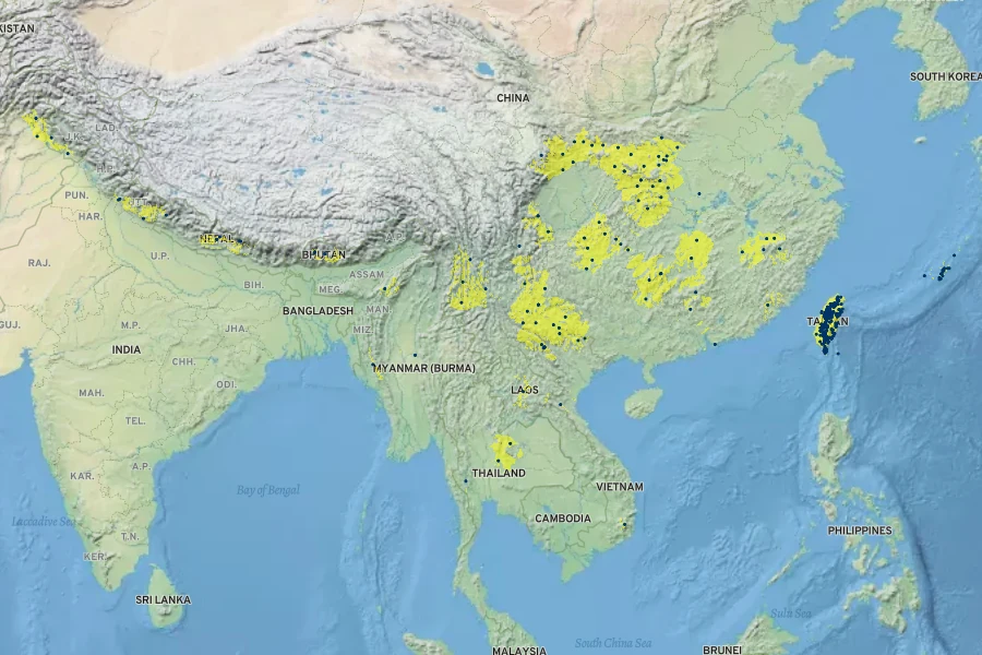Acer oblongum Native Range