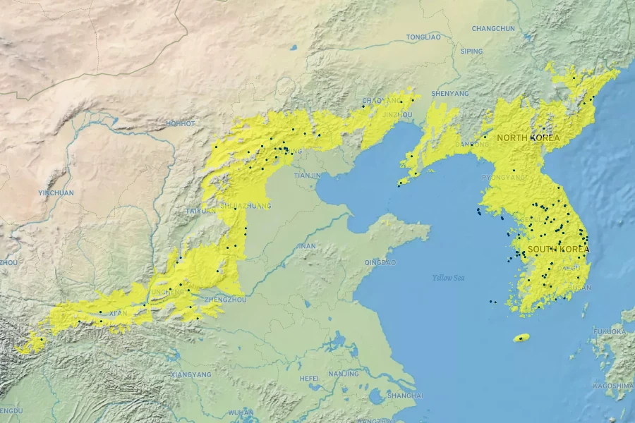 Acer truncatum Native Range