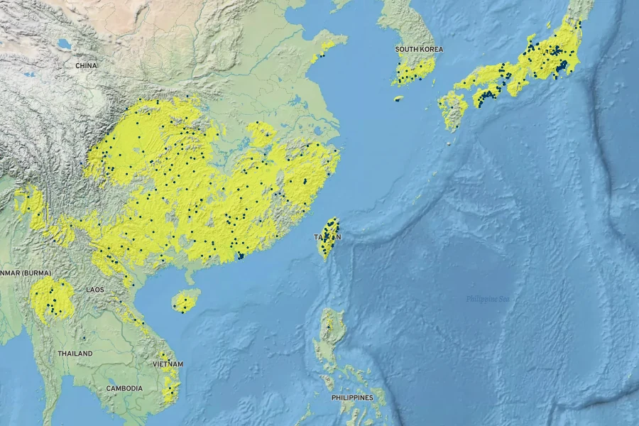 Acorus gramineus Native Range