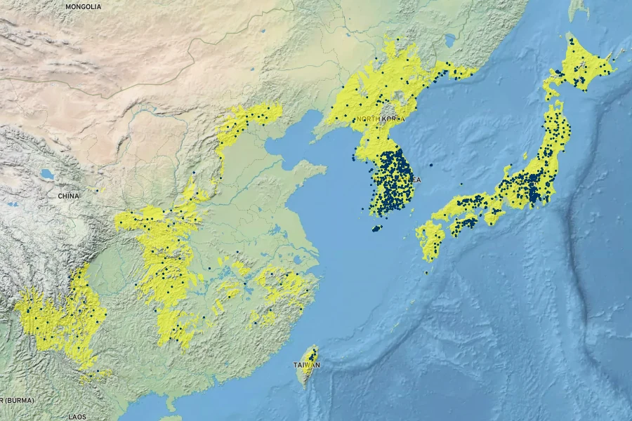 Actinidia arguta Native Range