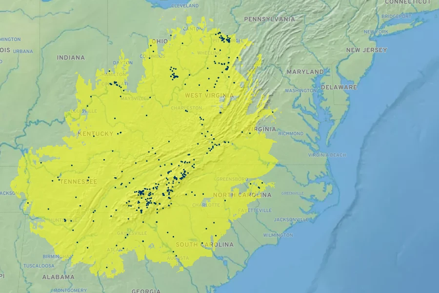 Aesculus flava Native Range