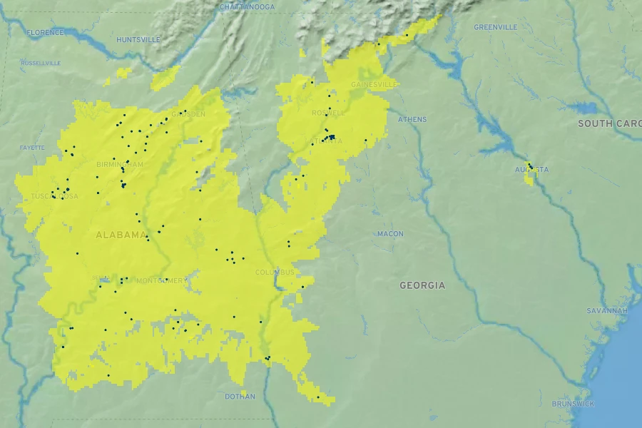 Aesculus parviflora Native Range
