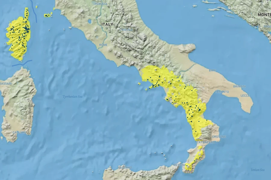 Alnus cordata Native Range