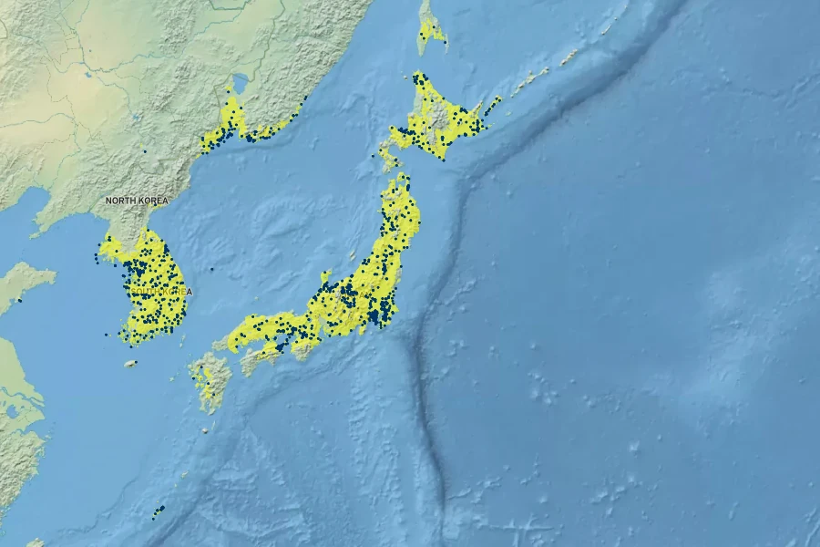 Alnus japonica Native Range