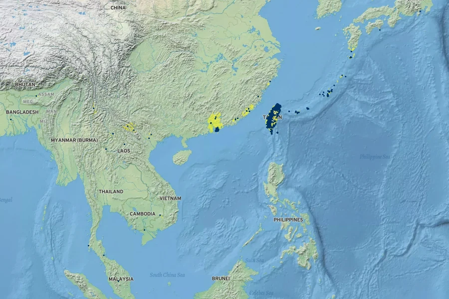 Alocasia odora Native Range