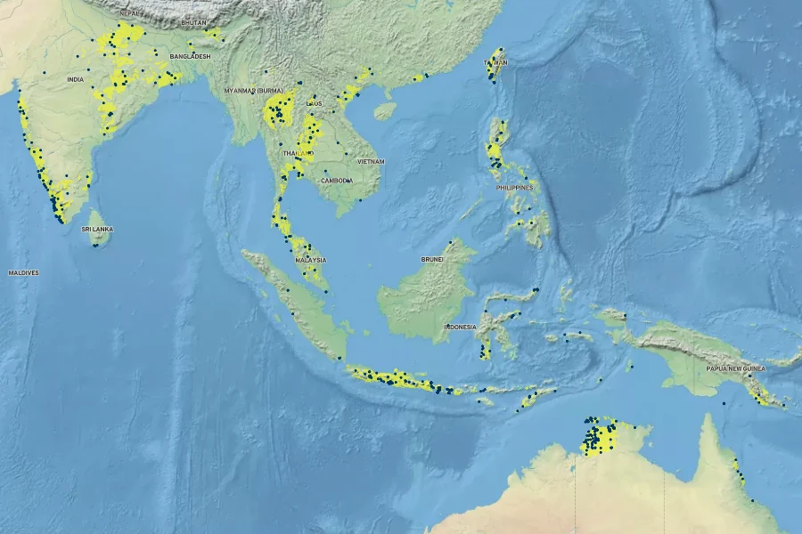 Amorphophallus paeoniifolius Native Range