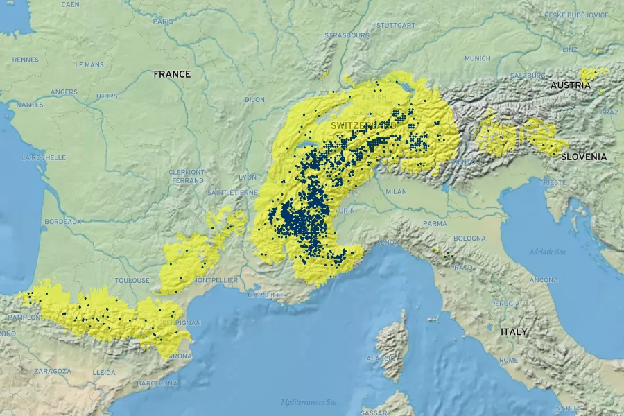 Aquilegia alpina Native Range