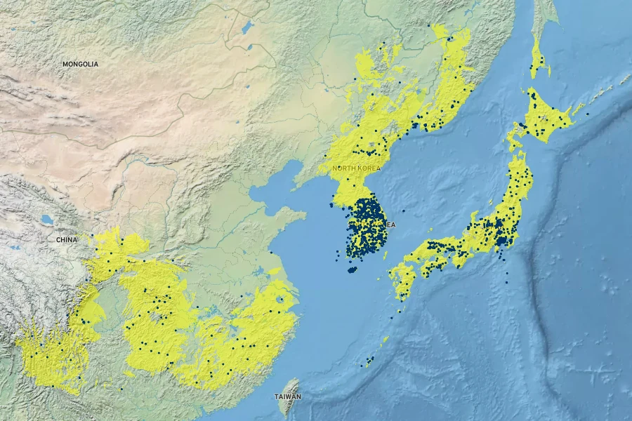 Aralia elata Native Range