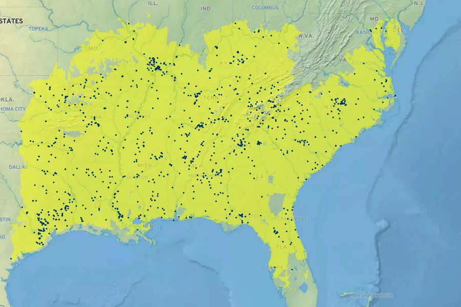 Arundinaria gigantea Native Range