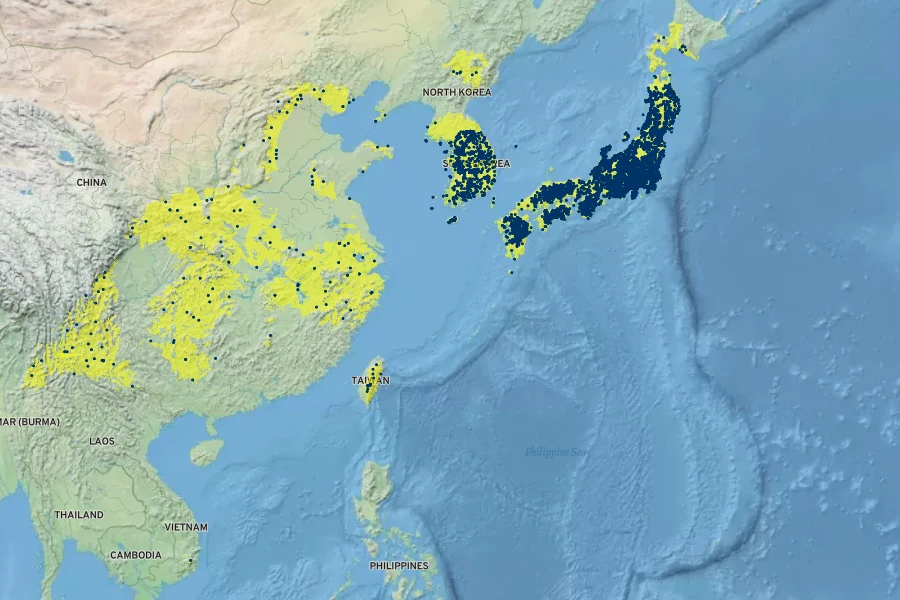 Athyrium niponicum Native Range
