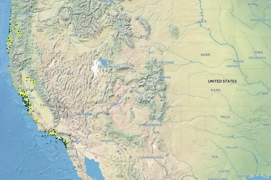 Baccharis pilularis subsp. consanguinea Native Range