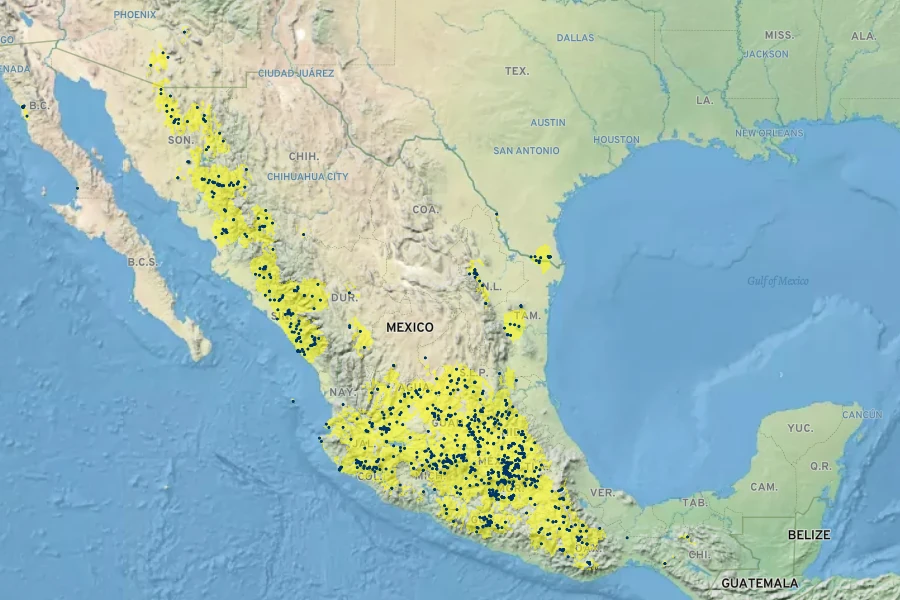 Buddleja sessiliflora Native Range