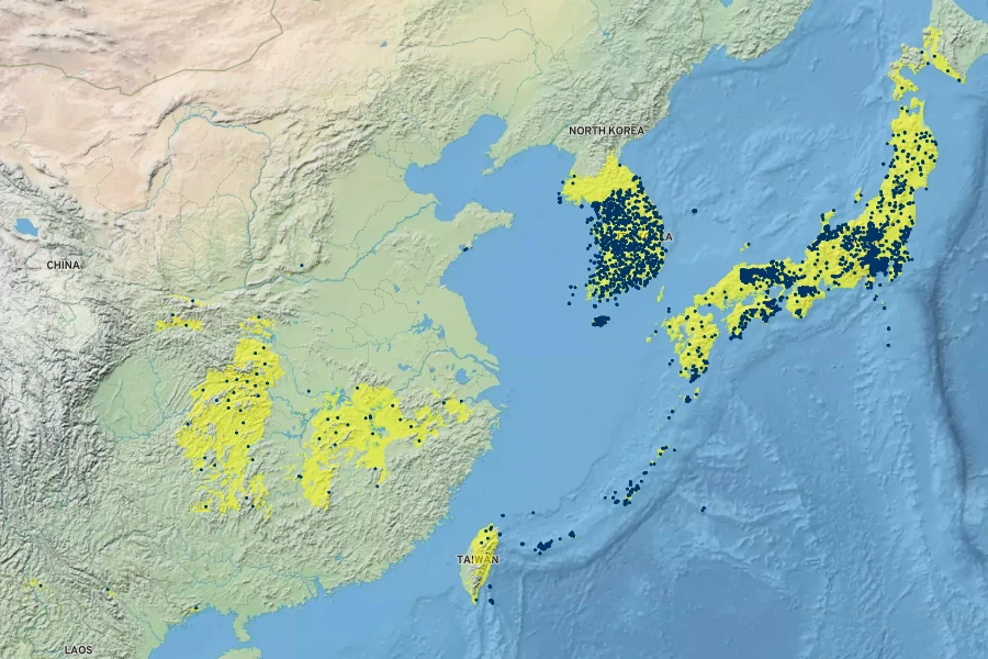 Callicarpa japonica Native Range
