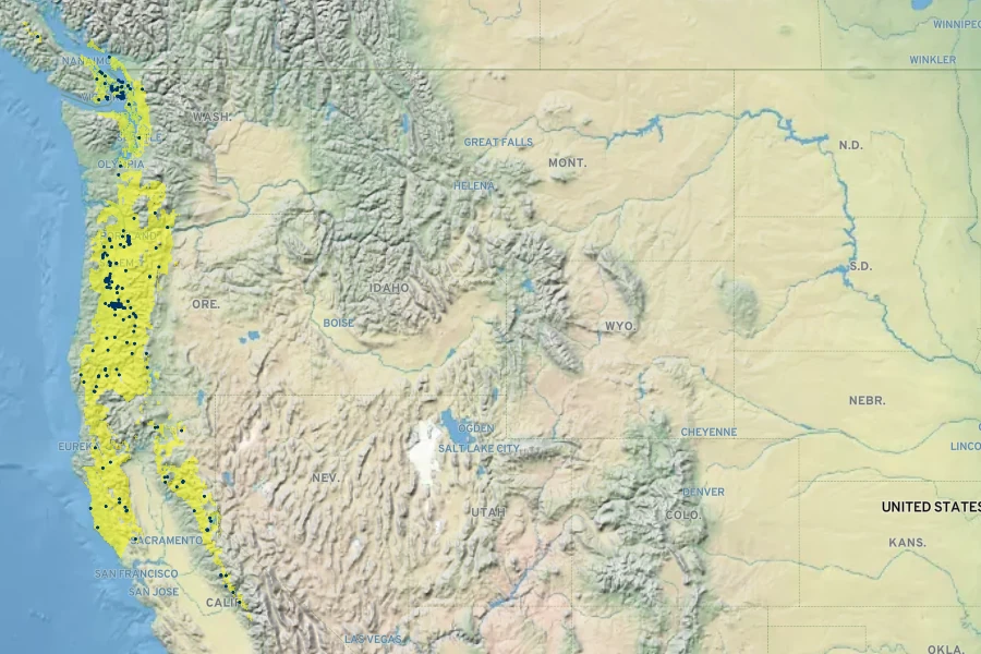 Camassia leichtlinii subsp. suksdorfii Native Range