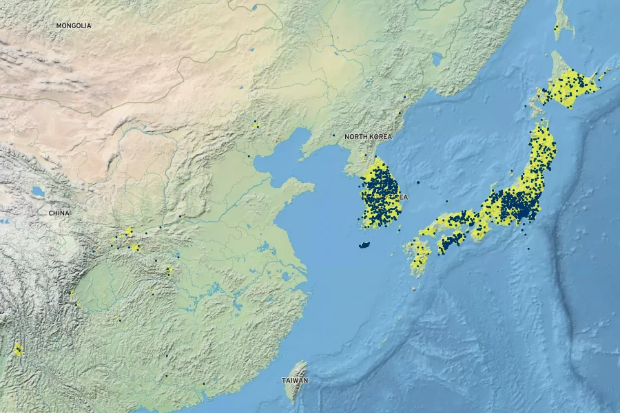 Carex japonica Native Range