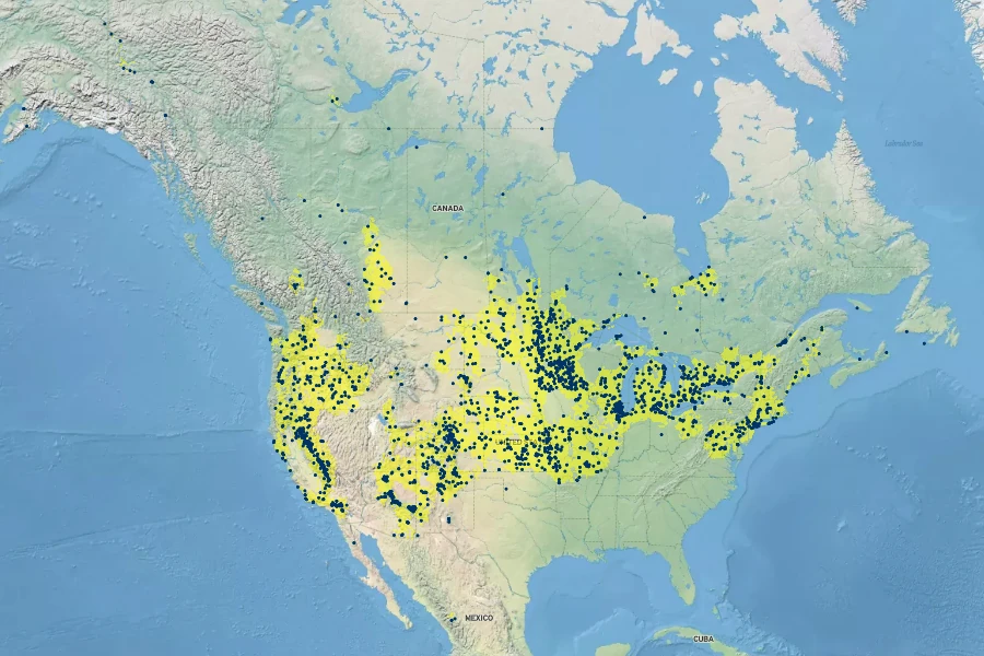 Carex pellita Native Range
