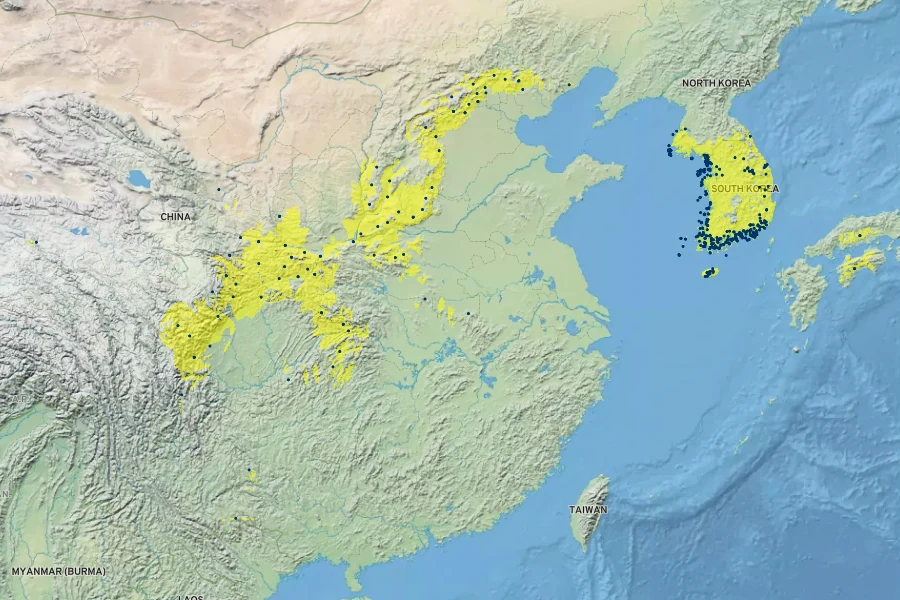 Carpinus turczaninowii Native Range