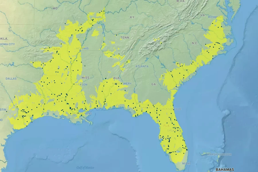 Carya aquatica Native Range