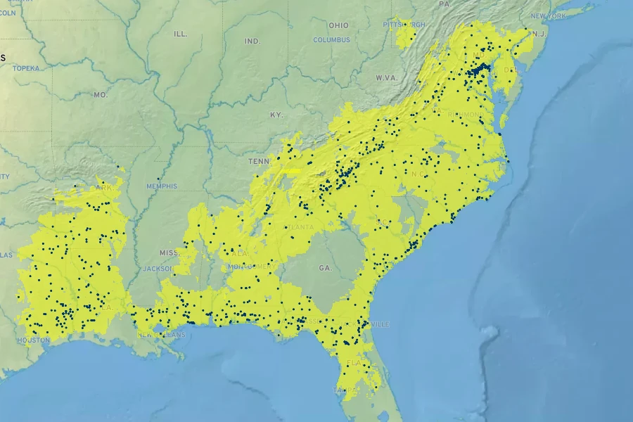 Castanea pumila Native Range
