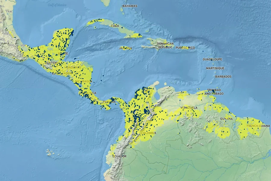 Cecropia peltata Native Range