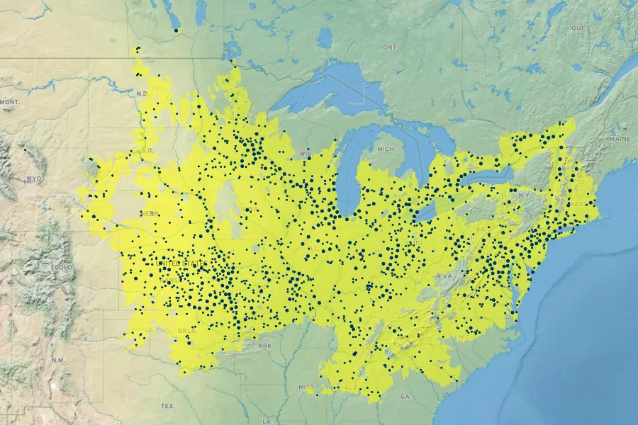 Celtis occidentalis Native Range