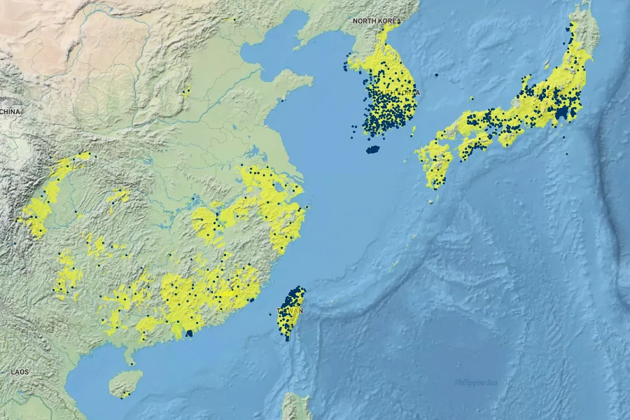 Celtis sinensis Native Range