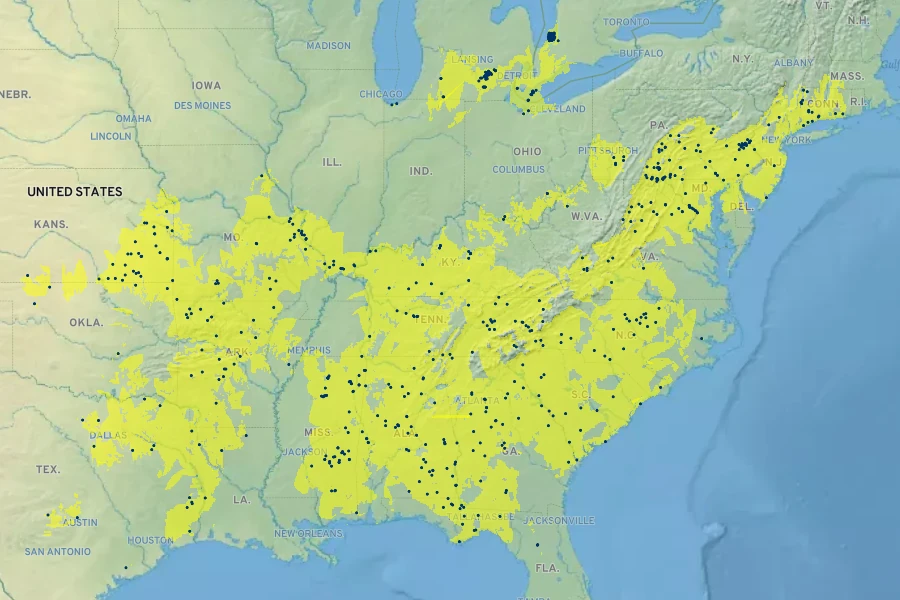 Celtis tenuifolia Native Range