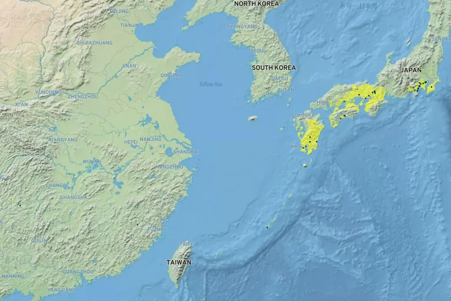 Chimonobambusa marmorea Native Range