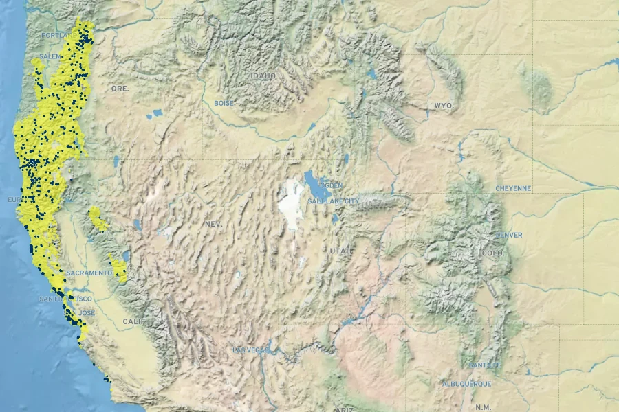 Chrysolepis chrysophylla Native Range