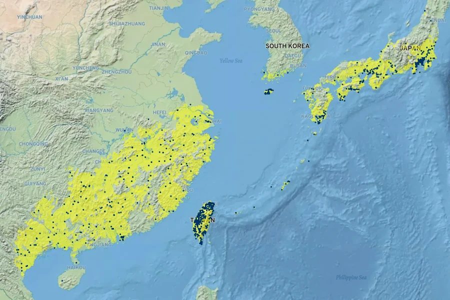 Cinnamomum camphora Native Range