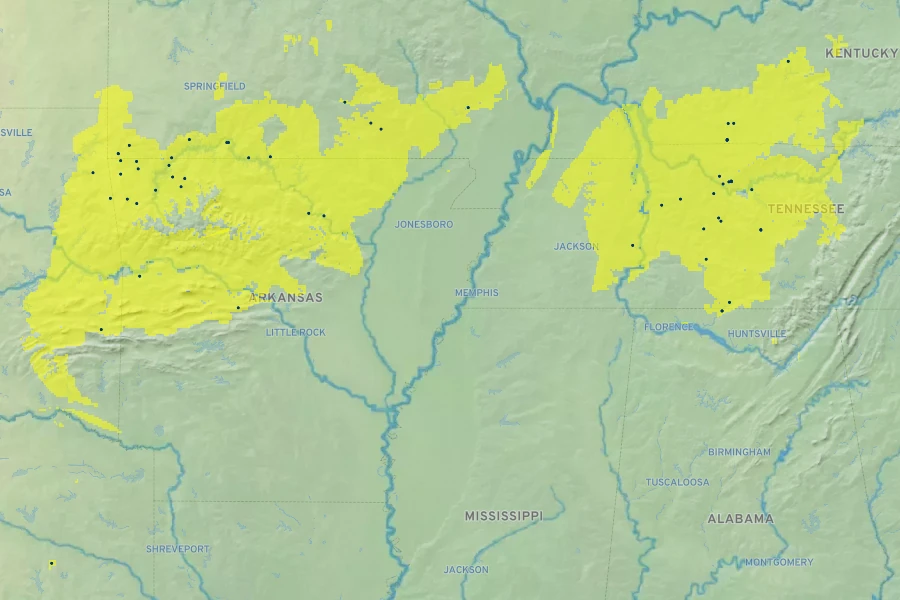 Clematis versicolor Native Range
