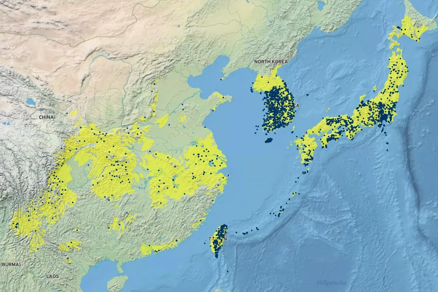 Clerodendrum trichotomum Native Range