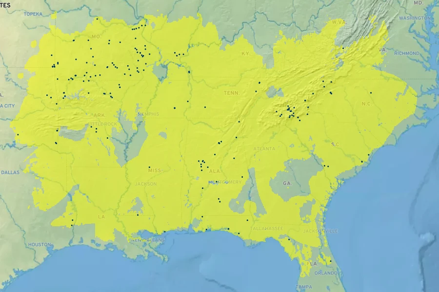 Coreopsis pubescens Native Range