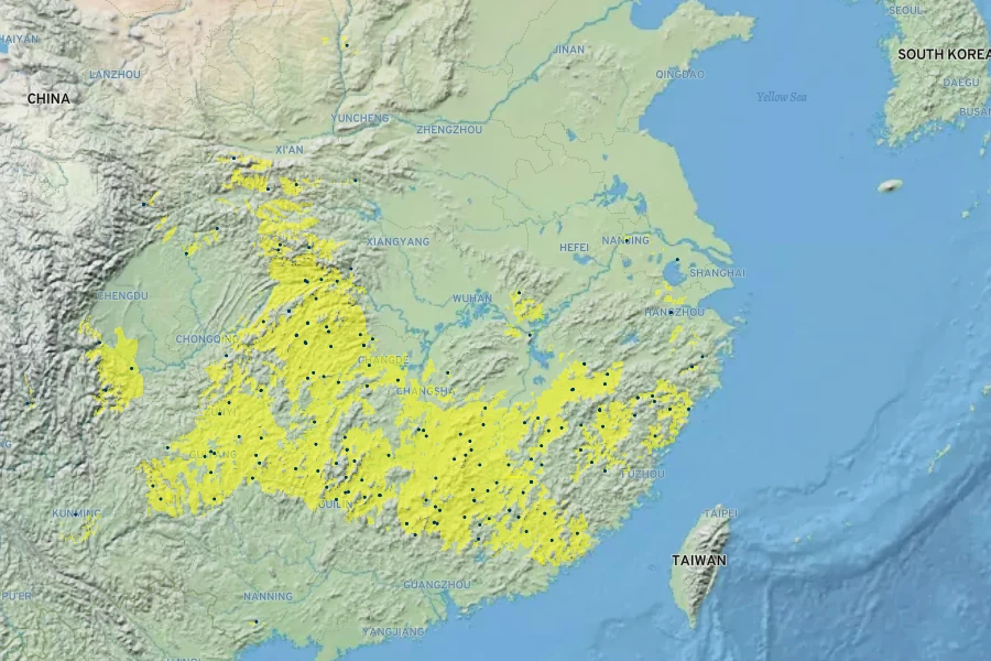 Cornus capitata subsp. angustata Native Range