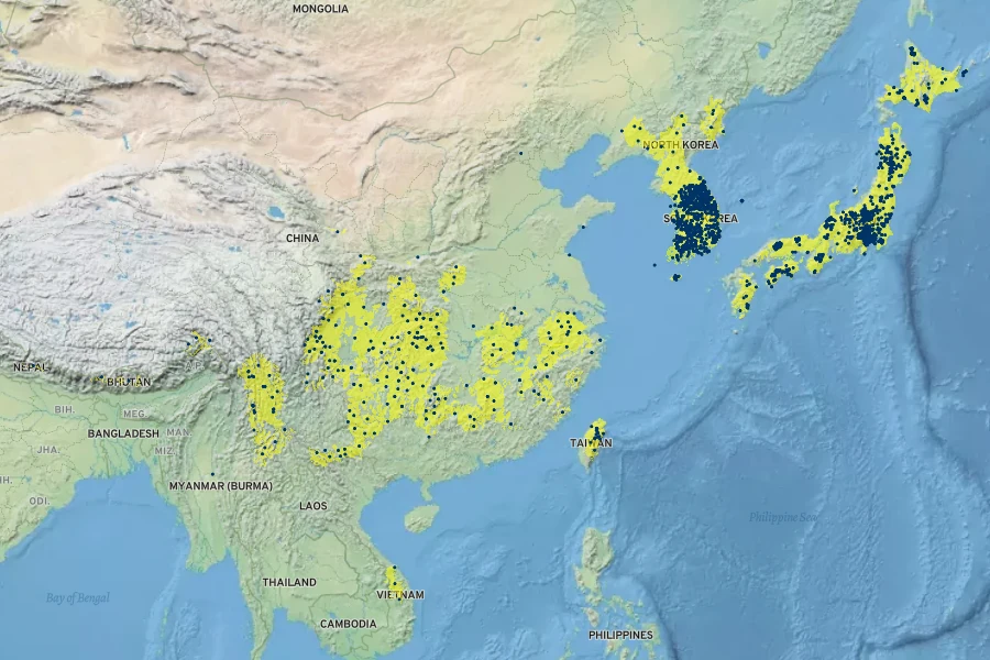 Cornus controversa Native Range