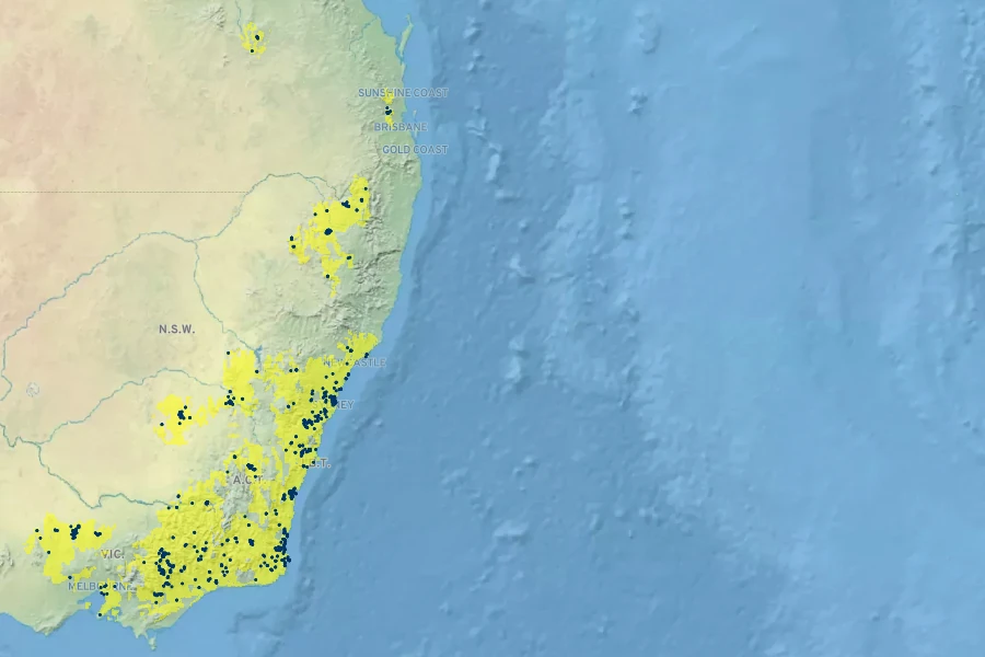 Crowea exalata Native Range