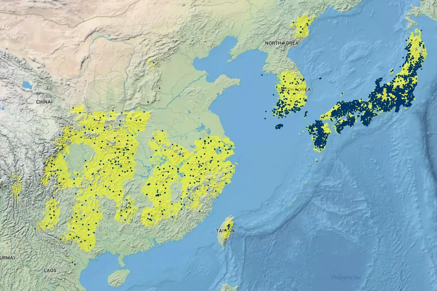 Cyrtomium fortunei Native Range