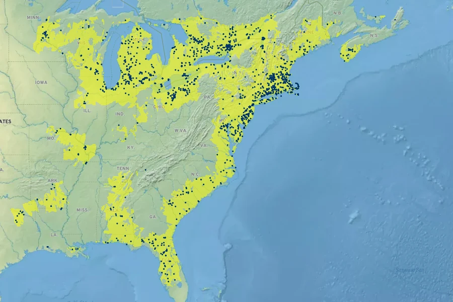 Decodon verticillatus Native Range