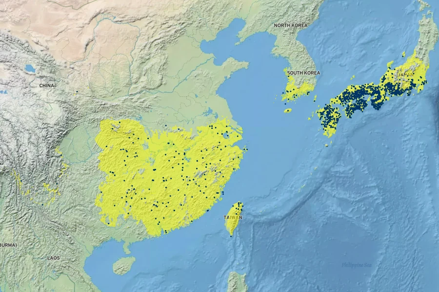 Dryopteris championii Native Range