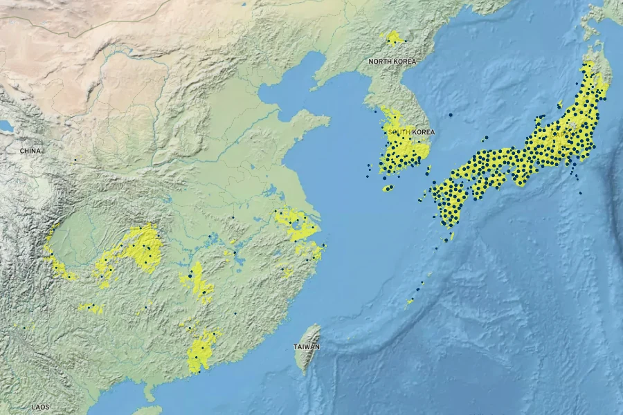 Dryopteris erythrosora Native Range