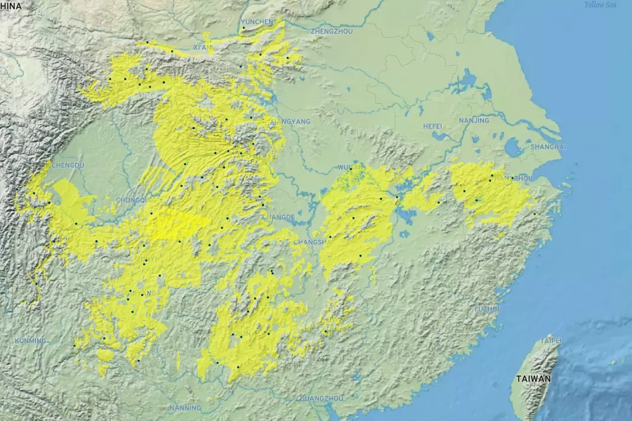 Eucommia ulmoides Native Range