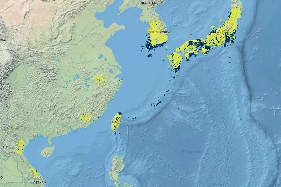 Eurya japonica Native Range