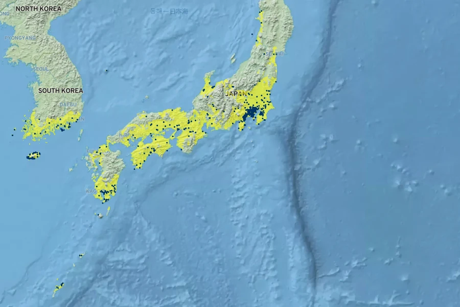 Fatsia japonica Native Range