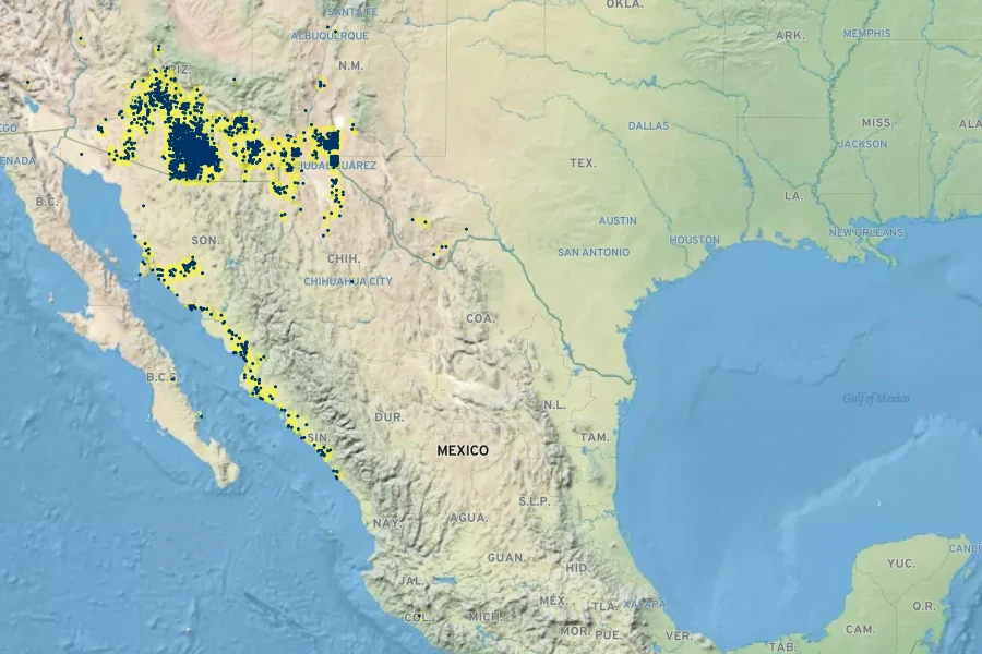 Ferocactus wislizeni Native Range