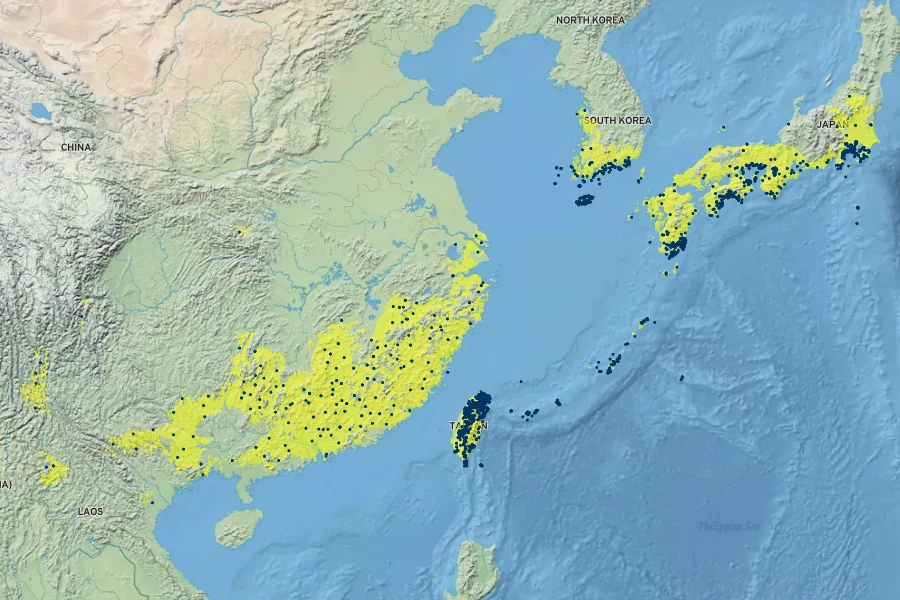 Ficus erecta Native Range