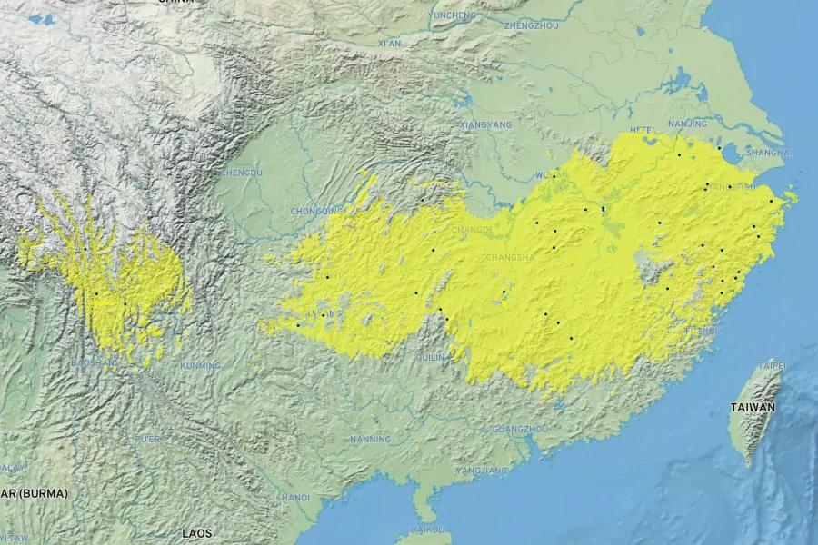 Forsythia viridissima Native Range