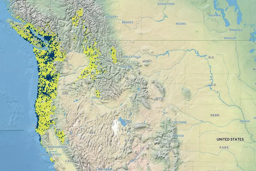 Frangula purshiana Native Range