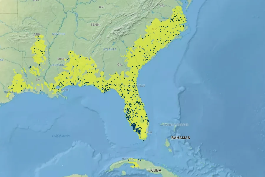 Fraxinus caroliniana Native Range