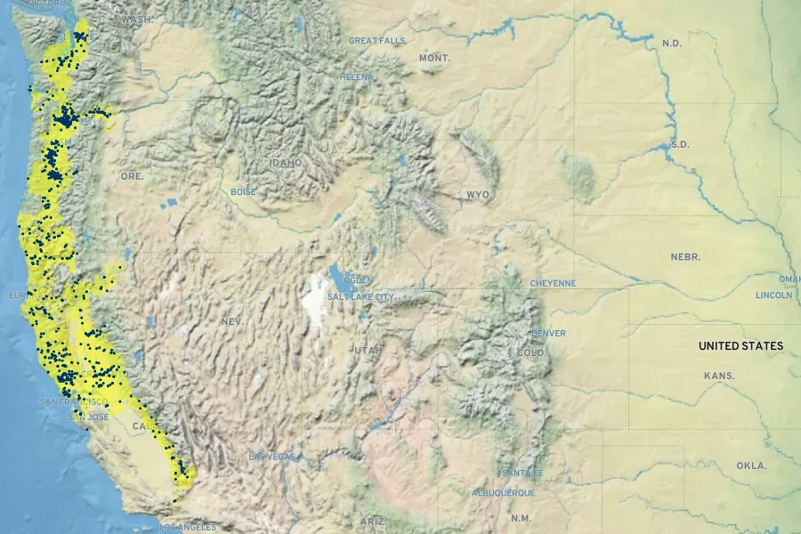 Fraxinus latifolia Native Range